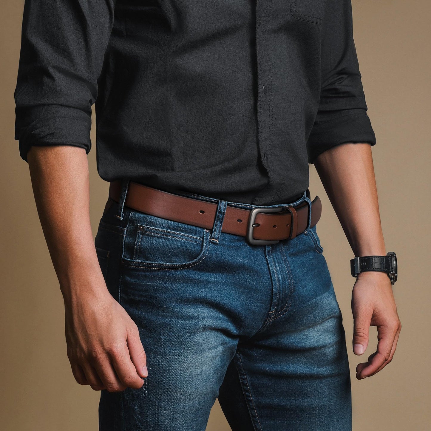 Buffway Men's Leather Belt,1.5" Handcrafted Top-Grain Leather – Durable,Comfortable,Suitable for Everyday Formal & Casual Wear - Size 52" Brown