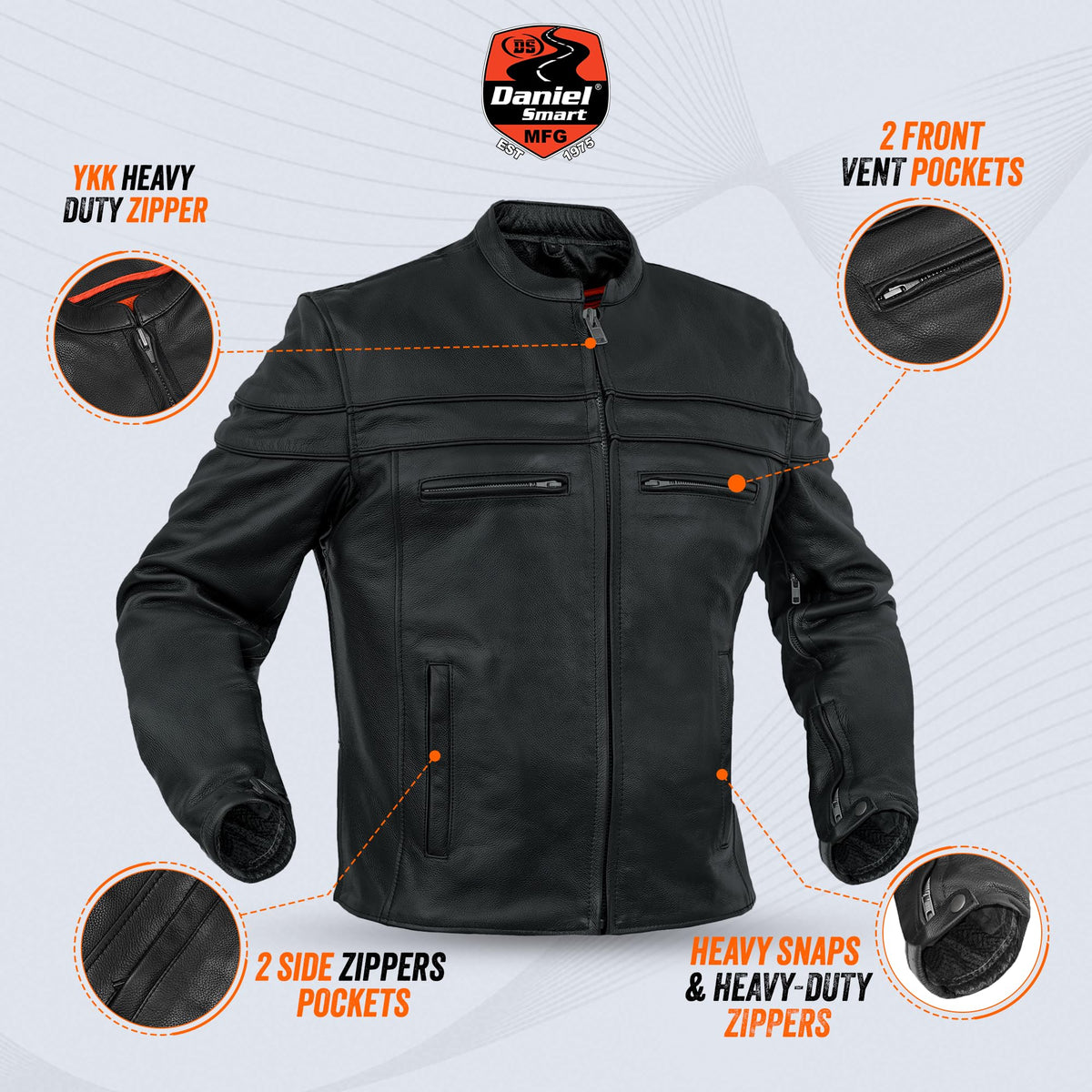 Daniel Smart Men Motorcycle Black Leather Jacket Mandarin Collar Biker Leather Jacket with inside pockets