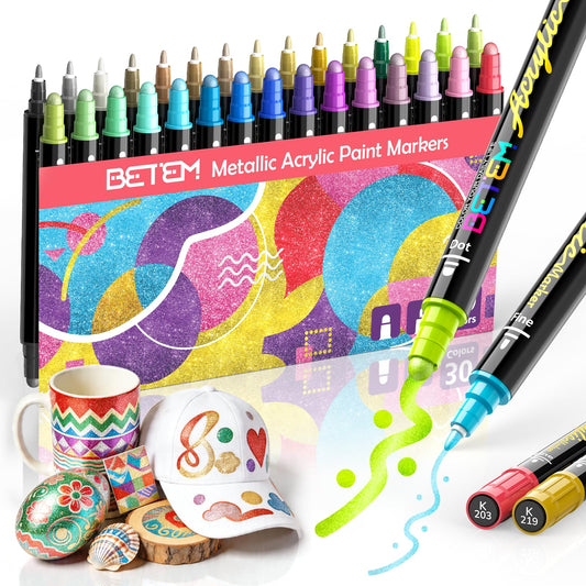 Betem 30 Metallic Dual Tip Acrylic Paint Markers, Fabric Decorating Kits Premium Water-Based Acrylic Paint Pens Art Supplies for Fabric, Rock, Wood, Glass, Canvas, Ceramic, Teacher Appreciation Gift