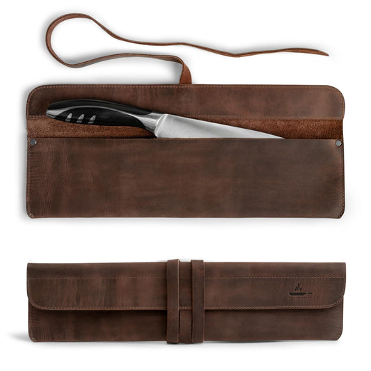 Leather Chef Knife Sheath, Single Case for Chef's Knives, Kitchen Small Storage Bag, Roll Bags for Travel, Professional Chefs Carrying Wrap Holder, Butcher Rolls Carrier (Bourbon Brown)