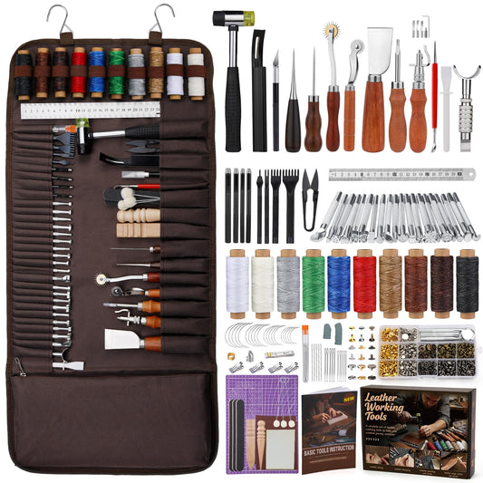 SHWAKK Leather Working Tools, All in One Leather Tooling Kit, Complete LeatherCraft Kit with Storage Bag, Stamping Tools for Sewing, Carving, Punching Stamping for Making and Handicrafts