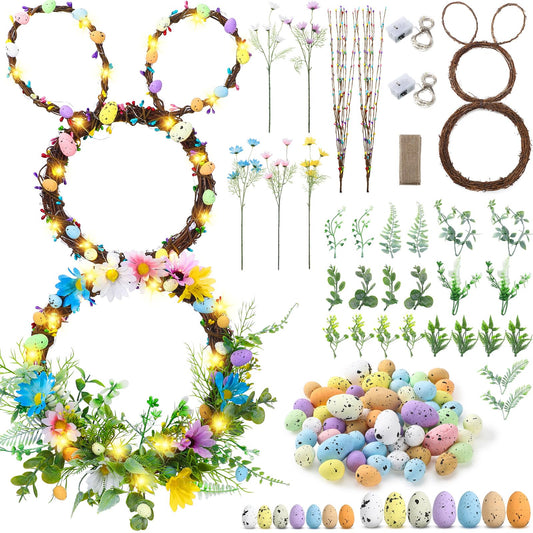 Hotop 111 Pcs Easter Wreath DIY Decorations Kits Included 24 Inch Bunny Shaped Grapevine Wreath Artificial Flowers Eggs Leaves Berry and Vines for Easter DIY Crafts Front Door Wall Decor