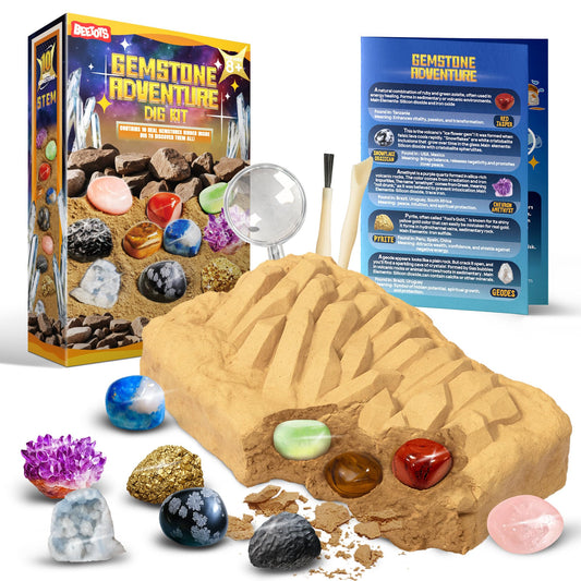 Beetots Gemstone Dig Kit for Kids with 2 Tools, Excavate 10 Real Gems, STEM Science Mining Toy, Educational Gift for Boys and Girls Ages 8-12