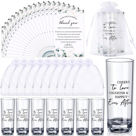 Sliner 100 Set Wedding Favors for Guests Bulk 2oz Acrylic Cheers to Love Shot Glasses with Thank You Cards Organza Bags for Guest Souvenirs (Cylinder,Cheers to Love Laughter and Happily Ever After)