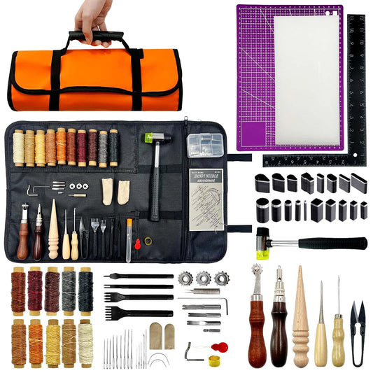 Daily Treasures 73pcs Leather Craft Kits with Portable Handbag, Leather Working Kit with 18 Punch Tool,Tracing Wheel,7 in 1 Groover,Awl,Waxed Thread,Needles,Tools for DIY Polishing Sewing Cutting