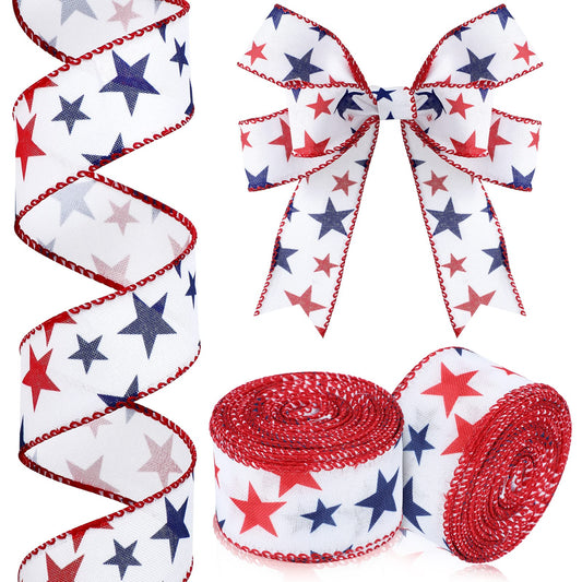 XunYee 2 Rolls Patriotic Ribbons 20 Yards American Red White and Blue Ribbon 4th of July Memorial Day Star USA Fabric Ribbon for Patriot Labor Party Bow Wreath Making DIY Crafts(1.5 Inch)