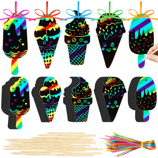 Fuutreo 100 Pcs Ice Cream Scratch Cards Rainbow Color Scratch Ornaments Summer Scratch Paper Crafts Kits with Sticks and Ribbon for Birthday Party Favors DIY Hanging Decorations