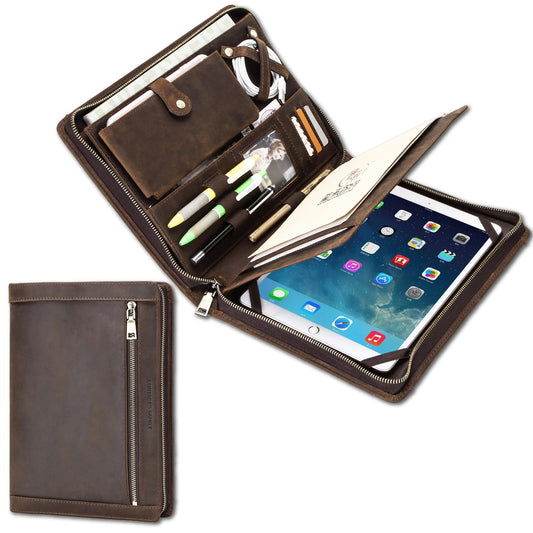 CataPurus Top Grain Leather 11" Portfolio for Men & Women, Solid Vintage Design, Handmade, Large Capacity Multi-Functional Business Padfolio, Holder for Cards/iPad/Phone/Cable/A5 Paper, Coffee 11 Inch