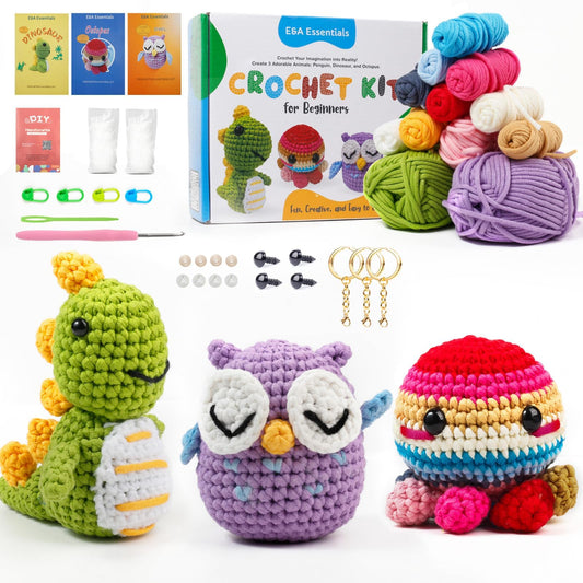 Crochet Kit for Beginners, Crochet Animal Kit with Video Tutorials & Soft Yarn, Craft Kits for Teens & Adults: Penguin, Dinosaur & Octopus Amigurumi Crochet Kit, Easy Knitting Kit, Crafts Crochet Kits