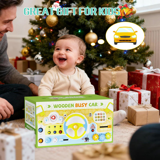 Yuyctwg Montessori Busy Board Car Steering Wheel Toy for Toddlers 1-3, Wooden Sensory Activity Board with Light Sound, Educational Toys for Fine Motor Skills, Birthday Gift for Boys Girls