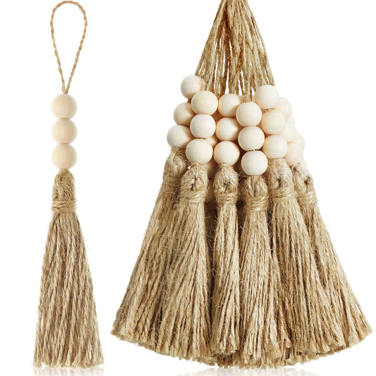 Taiyin 40 Sets Jute Tassels with 3 Wood Beads Natural Jute Rope Burlap Tassels for Christmas Tree DIY Craft Wood Beads Garland Project Wedding Home Party Decorations