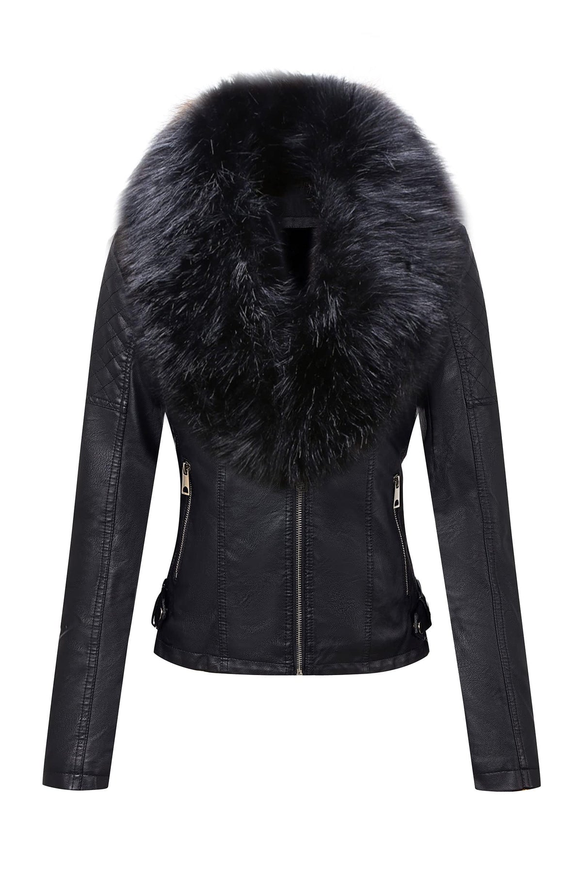 Bellivera Women's Faux Leather Short Jacket Moto Sherpa-Lined Coat with Removable Fur Collar 9201 Black XL