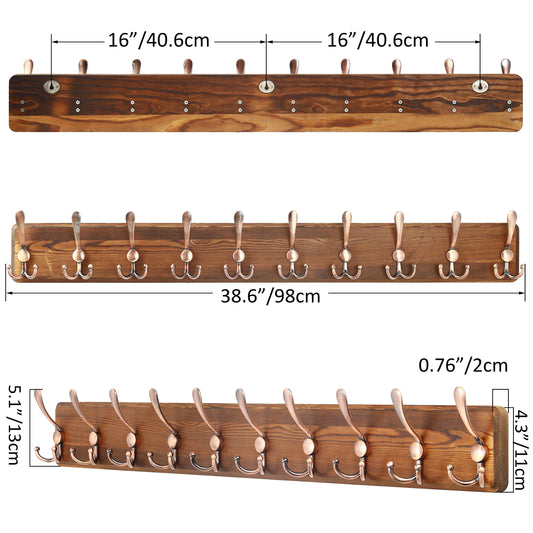 SKOLOO Coat Rack Wall Mounted - 38.6" Long, Wooden, Heavy Duty, Rustic Coat Hooks for Wall, Coat Rack with 10 Triple Hooks for Hanging Clothes, Jacket, Hat(Brown & Retro Red)