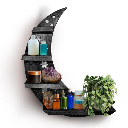 Moon Shaped Shelf Wall Decor - Hanging Black Crescent Wooden Shelf with Stars - Display Shelf for Crystals, Essential Oils, Small Decor, Tall Decor, Trinkets