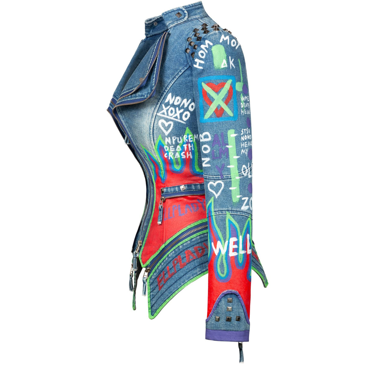 Fashion SX Women's Punk Floral Embroidered short Faux Leather Jacket Hand-painted Moto PU Coat （Blue-S