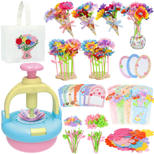 Flowers Craft Kit for Girls Ages 3-12, DIY Flower Bouquet Maker Machine with 120 Fabric Petals, 14 Greeting Cards, Gift Wrap, Vase & Storage Bag, Creative Floral Arts and Crafts Toy for Kids