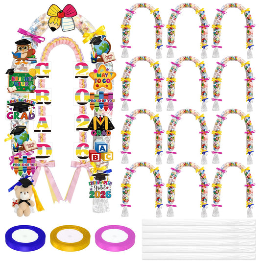 Craftsatin 28 Pcs Ribbon Kindergarten Graduation Candy Lei Making Kit, Class of 2026 Tubing Include 12 Candy Lei Bag 3 Rolls Ribbon 11 Cards and Bear Keychain for Preschool Grad Party Gift DIY Wreath