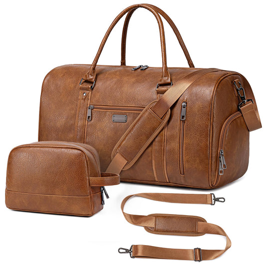 Large Travel Duffel Bag for Women Men, Faux Leather Weekender Overnight Bag with Shoe Compartment, Waterproof Carry On Bag with Toiletry Bag, Travel Tote Bag Gym Bag (Brown)