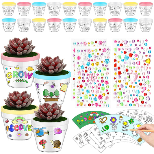 SiliFine 24 Pcs Spring DIY Flower Pots Crafts with 24 Drawing Inserts and 4 Sheets Rhinestone Sticker Color Your Own Flower Plant Pot DIY Art Projects Fun Activities Mother's Day Gift
