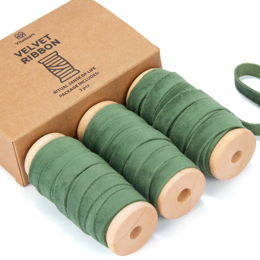 Vitalizart Green Velvet Ribbon Set 3/8" x 15 Yd Wooden Spool Fabric Trim 3 Rolls * 5 Yd for Christmas Wreath Decoration Handmade Craft Ornaments Gift Wrapping & Bow Making
