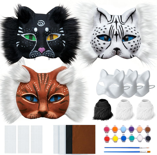 Therian Mask Kit – 3 Cat Masks Base, 4 Colored Felts, 3 Eye Mesh Pieces & 12 Paints, DIY Animal Cat Fox Mask Craft Kit, Furry Masks for Painting, Fun Halloween Party Favor