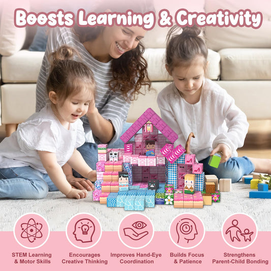 ADAH 216PCS Magnetic Building Blocks for Girls, Pink Princess STEM Toys for Ages 4-8, Creative Educational Building Toys for 3-6 Year Olds, Magic Blocks for Kids