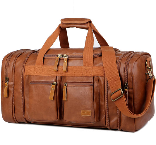 Vegan Leather Travel Duffel Weekender Bag Carry on Overnight Bag Sports Duffel bag For men and Women HB-21 (Brown)