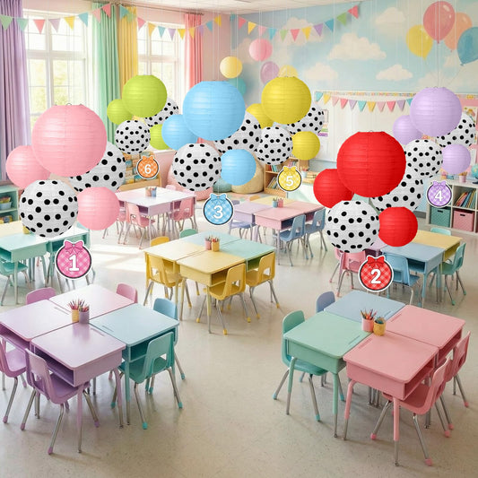 38 Pcs Classroom Table Numbers Hanging Decorations Set Include 30 Colorful Hanging Paper Lanterns 8 Group Number Cards with Clear Rope for Classroom Ceiling Decor Back to School Team Groups Supplies