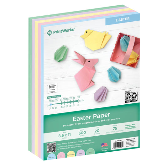 PrintWorks Easter Paper 8.5" x 11" - 300 Sheets - 5 Assorted Pastel Paper Colors - 30% Recycled - Ideal for School & Craft Projects - Made in the USA - SFI® Certified - 20 lb/75 GSM (00586)
