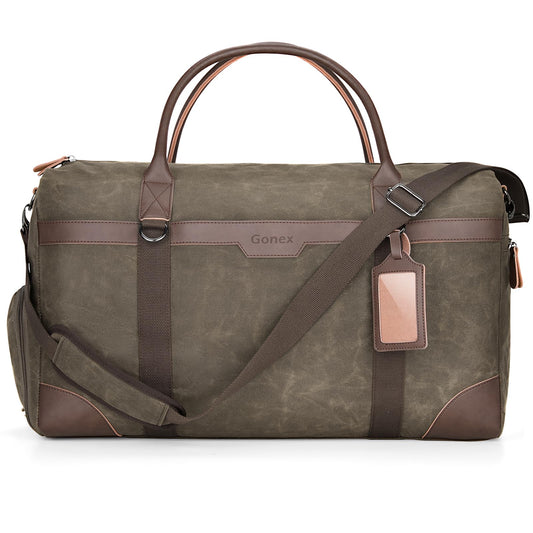 Gonex Waxed Canvas Duffle Bag for Travel, Water-resistant Vintage 55L Duffel Weekender with Shoes Compartment & Luggage Tag, Heavy-duty Overnight Bag with Suitcase Handle Sleeve for Men, Army Green