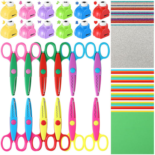 Watersay 74 Pcs Craft Scissors Decorative Edge Set with 12 Craft Pattern Scissors 12 Small Hole Punch Shapes and 50 Colorful Cardstock Papers for DIY Crafts Scrapbook Card Making