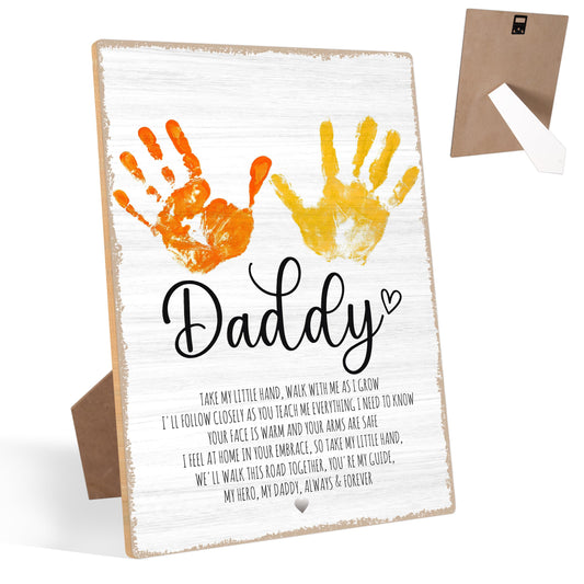 Daddy Handprint Poem, 9x12 Inch Rustic Fathers Day Sign With Stand and Hook, DIY Craft Handprint Keepsake for Classroom Family Party Favors, Personalized Gifts for Dad from Daughter & Son