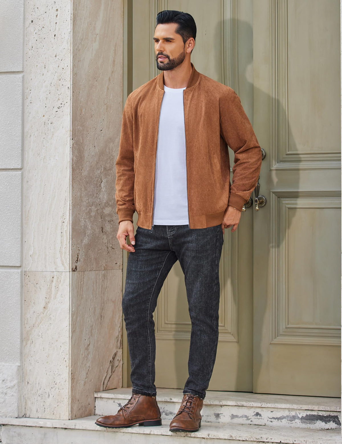COOFANDY Mens Lightweight Faux Suede Jacket Casual Bomber Jackets Vintage Varisty Coat, Brown, Medium