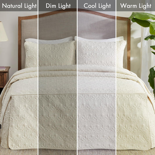 Madison Park Quebec Split Corner Quilted Bedspread Classic Traditional Design All Season, Lightweight, Bedding Set, Matching Shams, Queen, Damask Quilted Cream 3 Piece