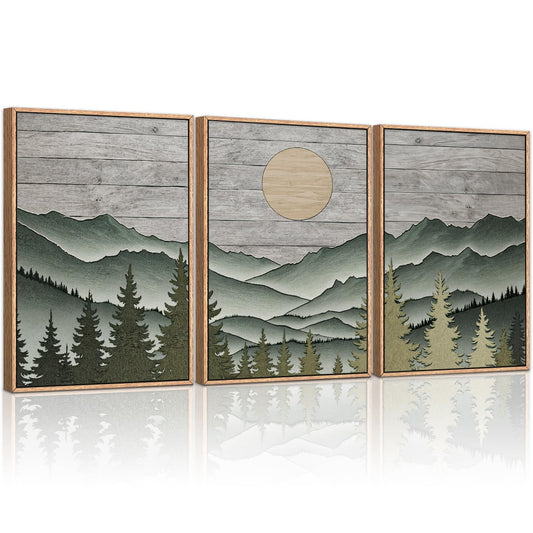 HLNIUC Mountain Framed Canvas Wall Art,Large Green Forest Woodcut Wall Decor Set of 3(16”x24”)Abstract Sun Forest Pine Trees Wall Painting,Rustic Sun Nature Landscape Art Print for Living Room,Bedroom