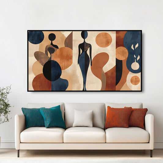 Large Wall Art with Crystal Porcelain Finish, Boho Minimalist Neutral Wall Decor with Black Metal Frame, Waterproof Navy Modern Art with 24x48 Size, Human Silhouette Living Room Art for Home Office, Hallway, Over Sofa and Guest Room