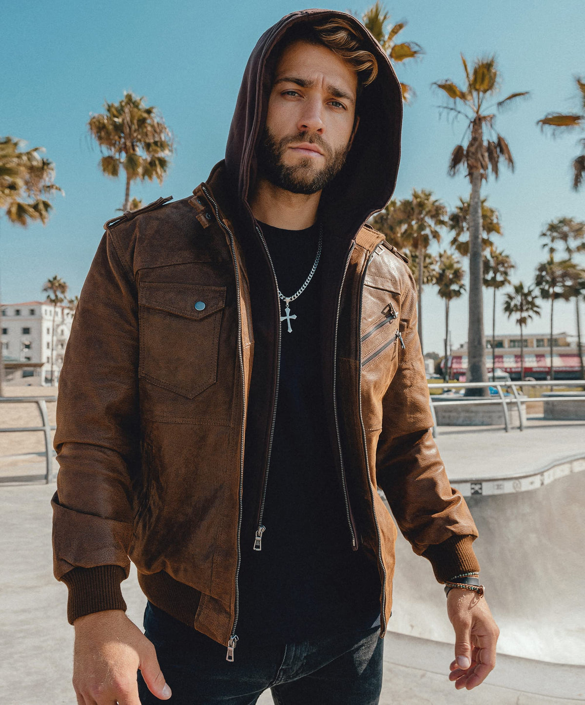 FLAVOR Men Brown Leather Motorcycle Jacket with Removable Hood (Medium (US standard), Brown)