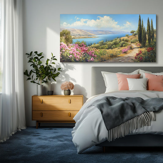 crmotu Large Landscape Wall Art, Mountain Wall Art, Lake Pictures Wall Decor, Pastoral Scenery Canvas Prints, Meadow Wildflower Paintings for Living Room Bedroom Dining Room Farmhouse 29x57inch