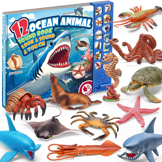 12Pack Ocean Animal Toy for Kid with Sound Book(On/Off), Gift Box, Realistic Sea Creature Figure, Educational Plastic Under the Sea life for Toddler, Birthday Party Favor, Water Table Toy for Boy Girl