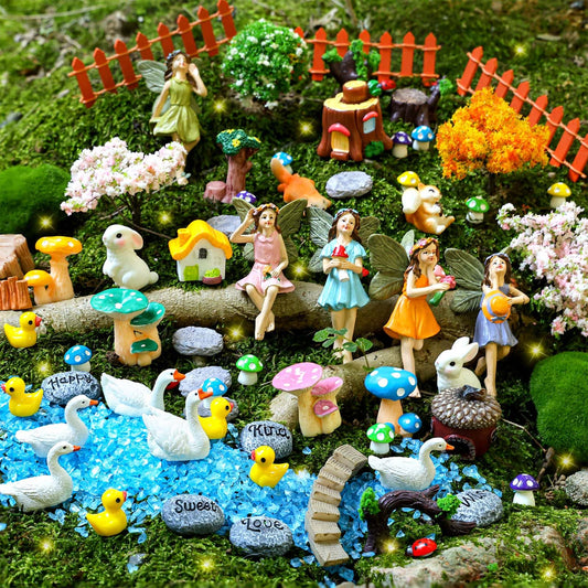 HIYZI 92 PCS Mini Fairy Garden Accessories Kit Cute Tiny Figurines Set DIY Micro Landscape Decor Resin House Bridge Animal Plant Ornament for Terrarium Dollhouse Succulent Craft Potted Horticulture