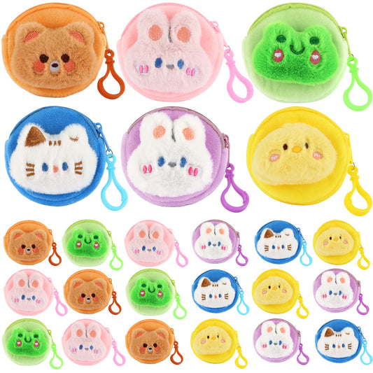 24 Pcs Cute Coin Purse for Women, Kawaii Plush Coin Pouch, Mini Wallet with Zipper Keychain, Small Change Purse for Women on Back to School Halloween Christmas Exchange Gifts