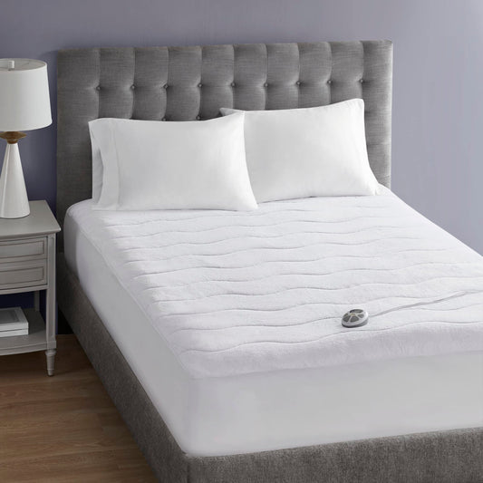 Serta Plush Heated Mattress Pad - Electric Bed Warmer with 10 Heat Settings, Auto Shut Off Timer, Deep All Around Elastic Pocket - Machine Washable Electric Mattress Pad, ETL Certified, Twin XL, White