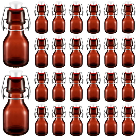 Tessco 24 Pcs Mini Swing Top Glass Bottles with Stoppers Small Flip Top Bottles with Airtight Lids for Crafts Decoration Wedding Themed Party Favors(2 oz,Amber)
