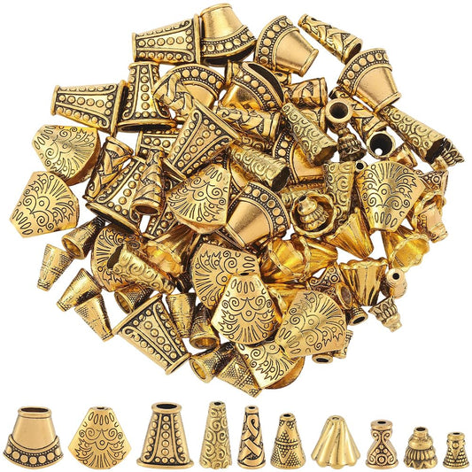 SOFPLATE 1 Box 100Pcs 10 Styles Golden Bead Caps Flower End Caps Alloy Tibetan Style Antique Gold Beading Tassel Spacer Ends for Jewelry Making Findings Necklaces Bracelets Earrings DIY Craft Supplies