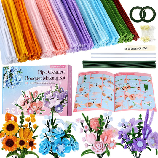 Pipe Cleaner Flower Kit, 540Pcs Pipe Cleaners Craft with 15 Designs Guiding Book, Flower Making Kit with Chenille Stems & Floral Wires, DIY Bouquets and Party Decorations (Multicolor, 12in x 7mm)