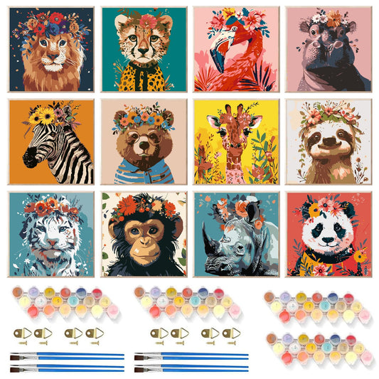 CraftCraze 12 Pack Animals Paint by Numbers Kit for Adults, Adult Paint by Number Kits, Paint by Numbers for Adults Beginners, DIY Animals Acrylic Painting on Canvas for Home Wall Art Decor 8x8 Inch