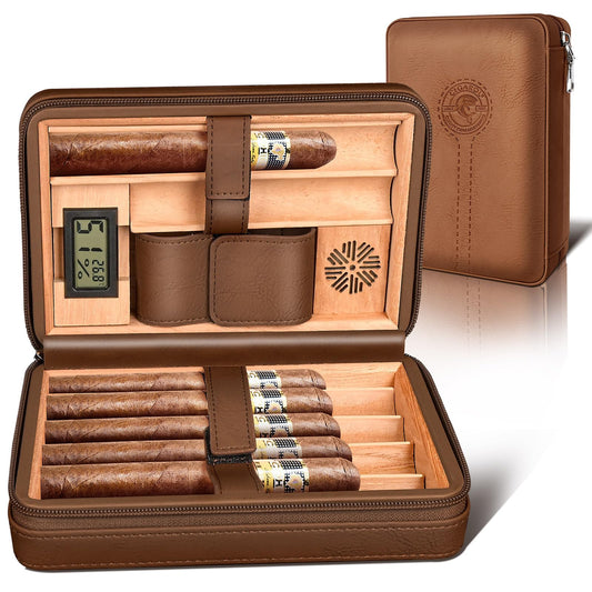Cigarol Cigar Humidor Case, Leather Travel Humidor Case, Portable Cedar Wood Lined Cigar Box with Digital Hygrometer & Humidifier Accessories, Holds 6 Cigars, Gifts for Men (Brown)