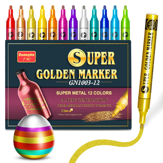 Redfun 12 Colors Metallic Acrylic Paint Markers, Super Golden Glitter Markers Painting Pen Sets for Black Paper, Scrapbook, Card Making, Rock, Glass, Wood, Fabric, Metal, Christmas DIY Crafts
