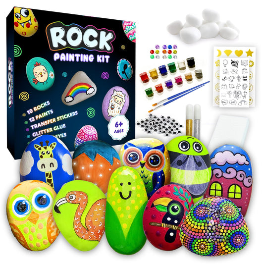 Rock Painting Kit for Kids 6-12 - 90+ Pcs Arts and Crafts Kit for Kids Painting - 10 White Rocks, 12 Paint Colors, Glitter Glue, Googly Eyes & More - Rock Art Supplies- DIY Arts & Crafts Easter Gifts