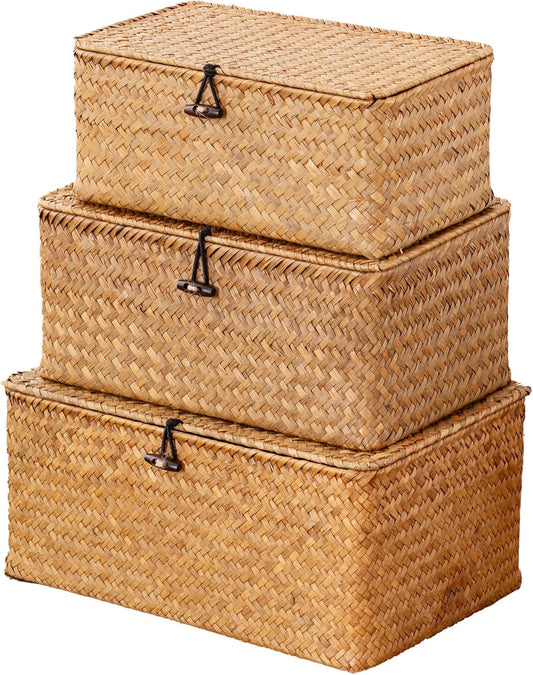 Nonam Storage Basket Set of 3 - Natural Seagrass Bins with Lids for Boho Home Organization